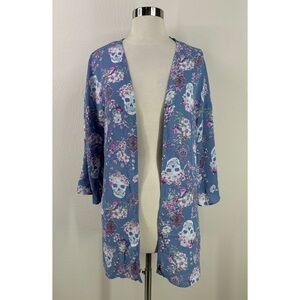 Pink Rose Floral Skull Print Kimono Cardigan